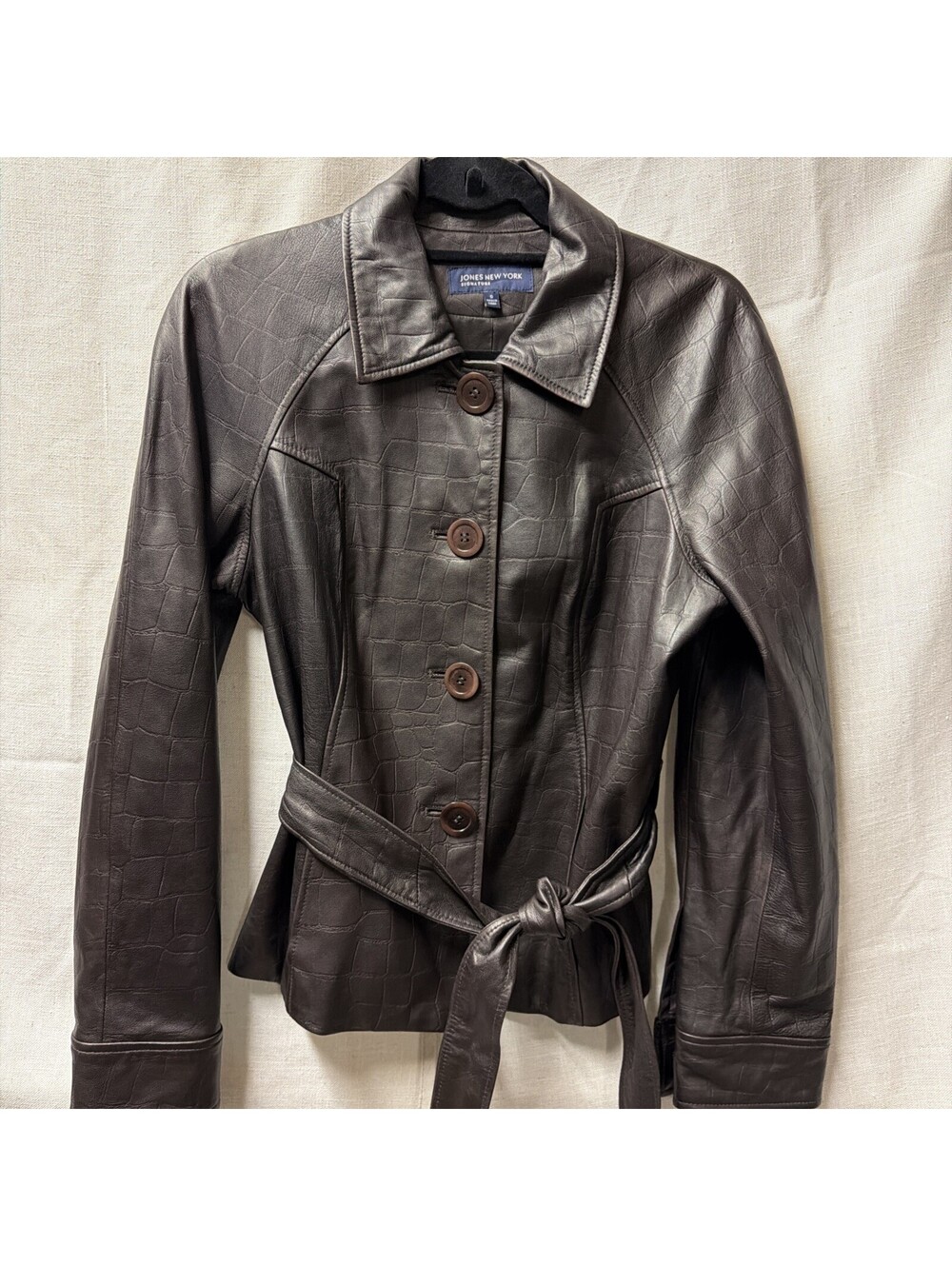 Jones New York Womens Brown Leather Crocodile Pattern Belted Jacket Size Small